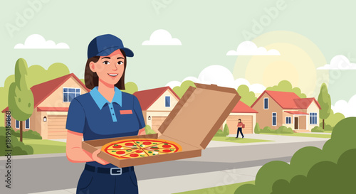 A smiling female courier in uniform is delivering a hot, fresh pizza in an open box to a suburban neighborhood.