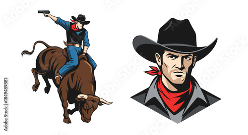 A set of cowboy illustrations featuring a man riding a bucking bull at a rodeo and a classic western hero portrait.