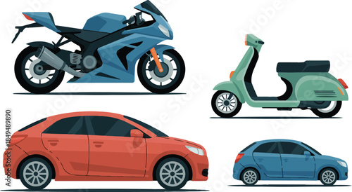 collection of vehicles including motorcycle scooter car and hatchback on transparent background, transportation concept