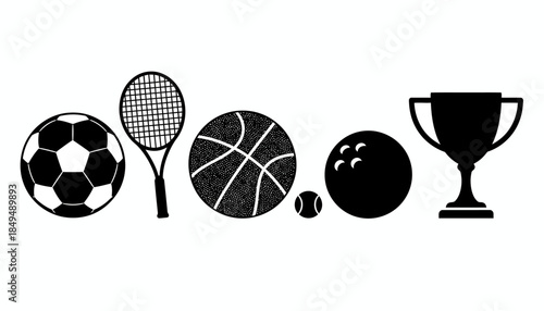 Sports Equipment Silhouettes Arranged in a Row on a White Background