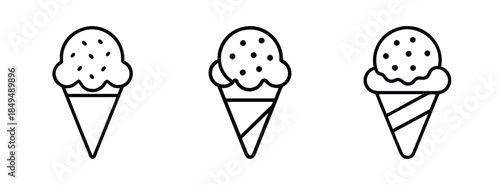 Black and White Ice Cream Cones with Single Scoops and Various Cone Designs, Simple Line Art Desserts