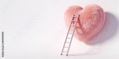 3D Scene with Ladder Leaning Against a Giant Puffy Heart in the Bottom Right Corner on a Soft Pastel Background