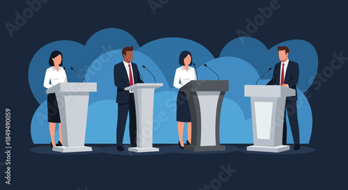 Four candidates, two men and two women, are engaged in a serious political debate while standing at their podiums.
