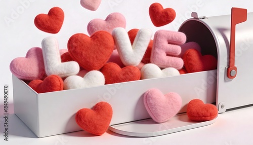 Minimalist Mailbox Overflowing with Soft, 3D Heart Shaped Letters in Vibrant Red and Pink Colors