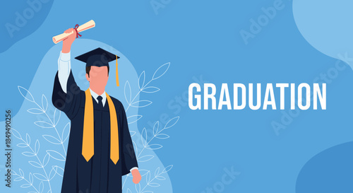 A young man in a cap and gown celebrates his graduation by proudly holding up his diploma against a blue background.