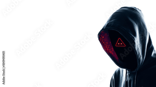 A mysterious figure in a black hoodie, featuring a digital mask with a red triangular symbol, set against a dark background, conveying a sense of secrecy and digital intrigue.