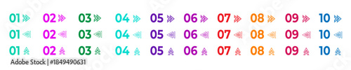 Bullet points with numbers. Colorful numbered steps with geometric directional arrows, circles and pointers from 1 to 10. Bright visual markers for list, UI elements, progress stages. Vector set