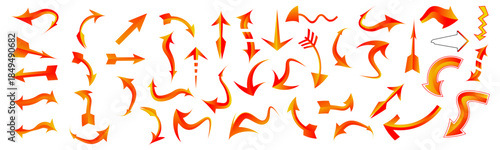 Red arrows. 3D pointer icon, up and down, left and right, curved and circular arrow. Recycle, growth and direction symbols, motion elements. Vector isolated set