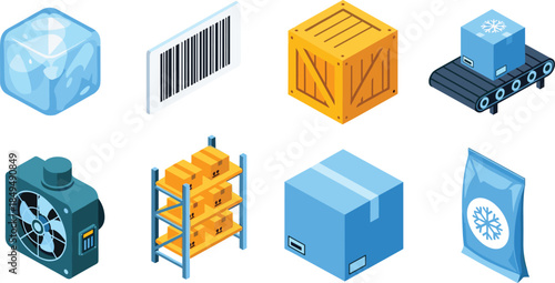 Set of isometric icons representing logistics and storage elements, including a cooling fan, barcode, wooden crate, conveyor belt, shelves, and ice cube