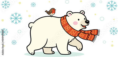 Cheerful polar bear in a cozy red scarf with a little robin on its back, strolling through a whimsical winter wonderland filled with falling snowflakes