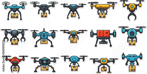 Collection of Drone Delivery Icons on White Background