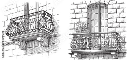 Traditional European Townhouse Balcony Architecture Etching Engraving Style Vector Icon Set Isolated Historic Facade Illustration