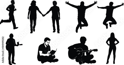 Collection of diverse people silhouettes running, holding hands, reading, playing guitar, and jumping