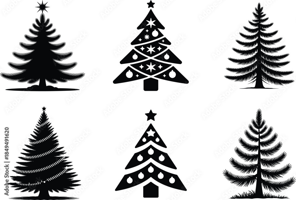 Obraz premium Christmas Tree Silhouette Vector Illustration. Holiday Pine Tree, Seasonal Holiday Design Element, Holiday Decoration Graphic Vector Design.