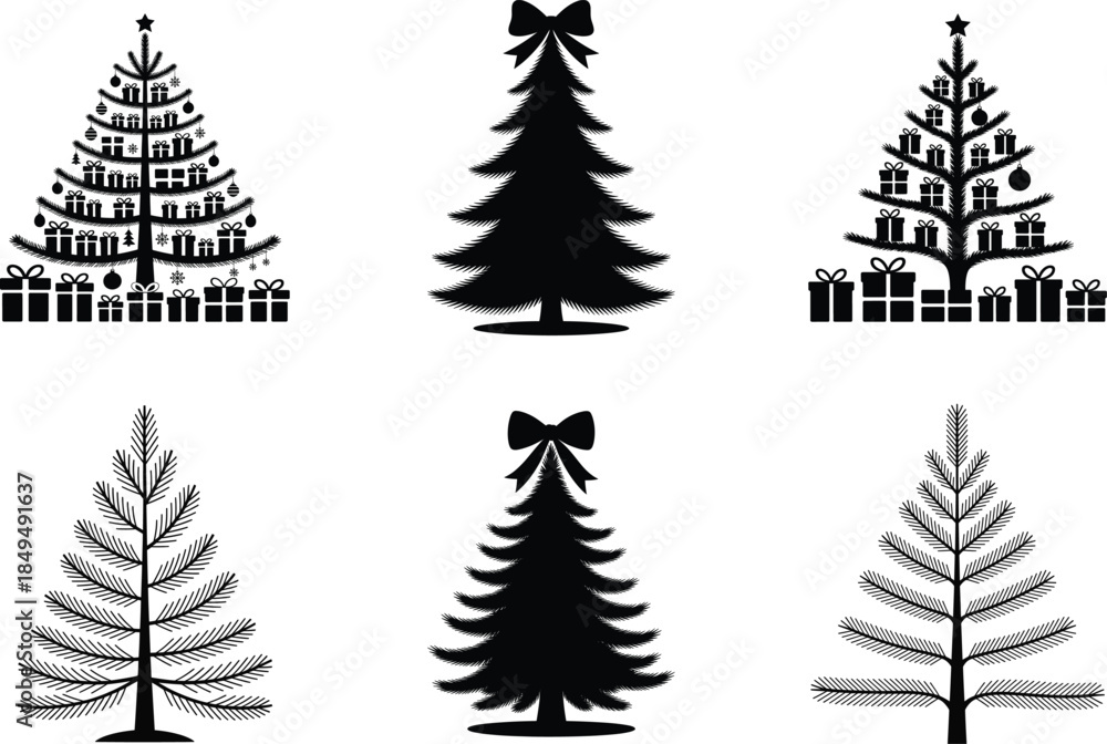 Obraz premium Christmas Tree Silhouette Vector Illustration. Holiday Pine Tree, Seasonal Holiday Design Element, Holiday Decoration Graphic Vector Design.