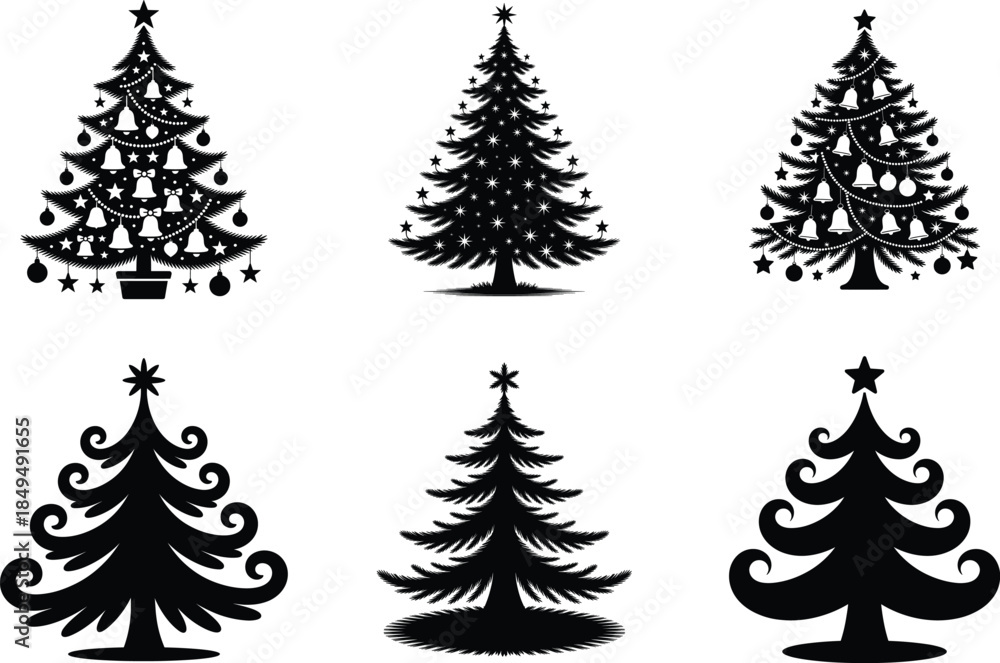 Obraz premium Christmas Tree Silhouette Vector Illustration. Holiday Pine Tree, Seasonal Holiday Design Element, Holiday Decoration Graphic Vector Design.