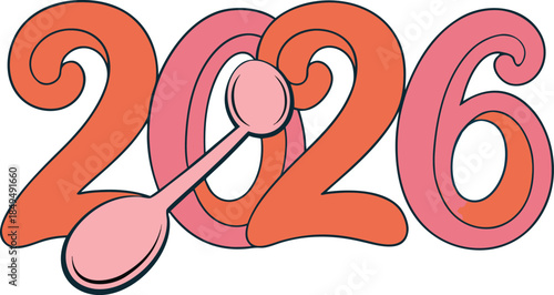 2026 Year Number Formed with Ceramic Spoons in Smooth Flow Arrangement, Creative Cutlery Typography Art, Minimal Kitchen Still Life Design Isolated on Clean White Background