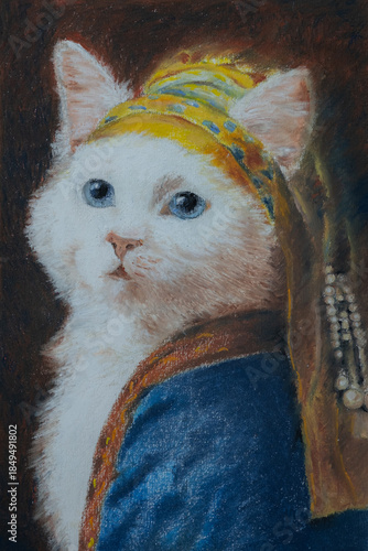 White cat portrait oil pastel painting