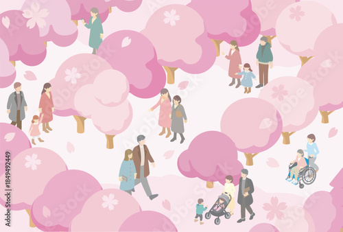 Isometric illustration of diverse people enjoying cherry blossom viewing (Hanami) in a spring park with falling sakura petals.