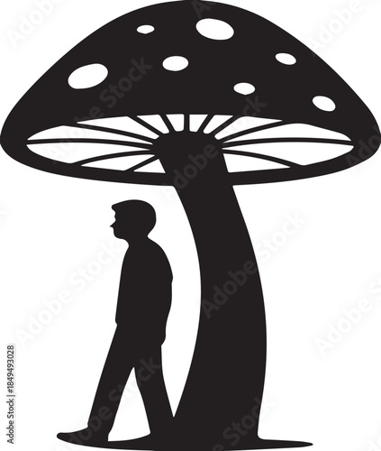 Silhouette man stands under giant mushroom toadstool vector illustration