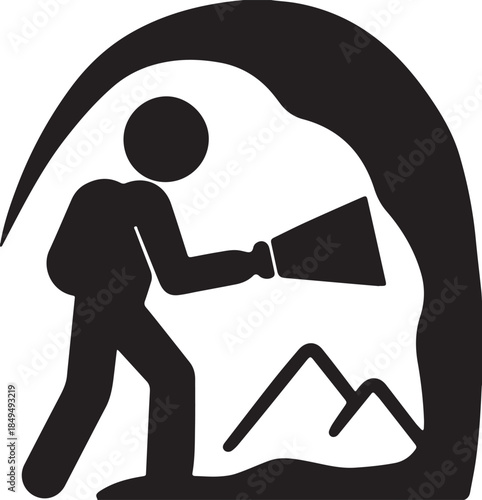 Silhouette caver exploring cave with flashlight Vector Illustrator