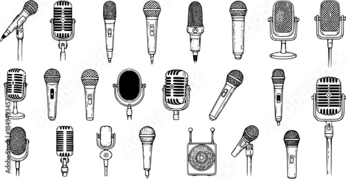Hand-drawn collection of vintage and modern microphones. Sketch style set of diverse audio recording devices, perfect for music, podcast, and broadcast design.