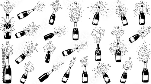 Hand-drawn black and white pattern of champagne bottles popping with corks flying and liquid splashing, perfect for celebration and party designs.