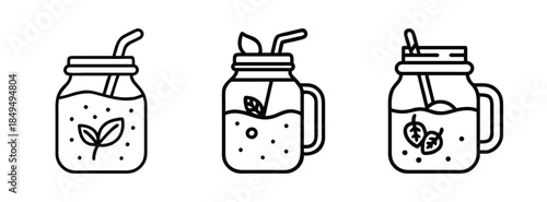 Refreshing Mason Jar Drinks with Straws and Leaves, Summer Beverage Icons