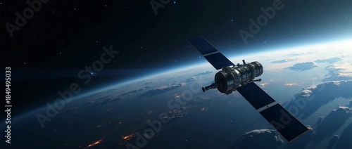 A satellite orbits Earth with a slow, majestic rotation; the camera smoothly pans across a vast, cinematic view of the planet's glowing horizon and twinkling stars, creating a serene space exploration