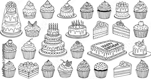 Hand-Drawn Sketch Collection of Assorted Cakes, Cupcakes, and Pastries with Birthday Cake Illustration