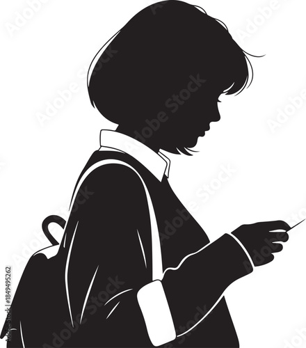Silhouette of a person with a backpack holding a smartphone black  vector illustration EPS file download.
