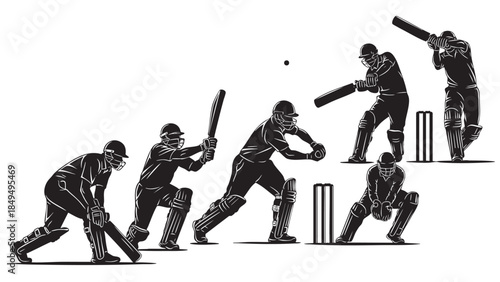 Dynamic cricket players vector silhouette illustration showcasing various intense action poses in sports game
