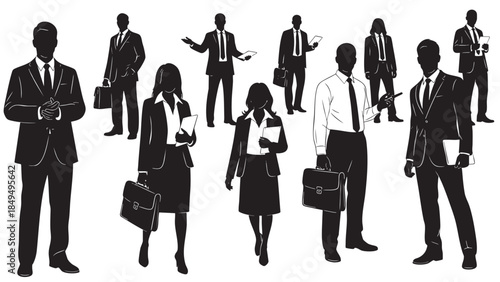 Group of diverse business professionals silhouettes representing a modern corporate team working together professionally in various poses