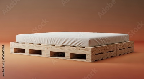 Pallet Bed with White Mattress in Modern Minimalist Style with Warm Soft Lighting on Wooden Texture for Home Decor