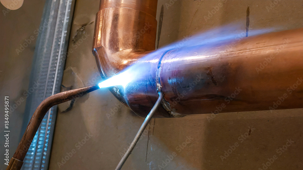 Fotografia copper pipe welding process for drinking water
