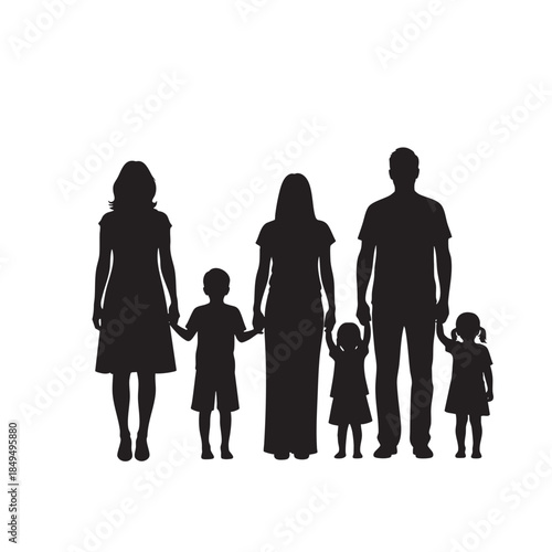 Large family silhouette illustration showing parents and children holding hands in unity on a clean background