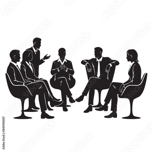 Professional business people silhouettes attending a collaborative meeting discussion in a modern office setting illustration
