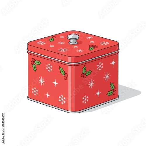 Red Christmas tin with holly pattern.