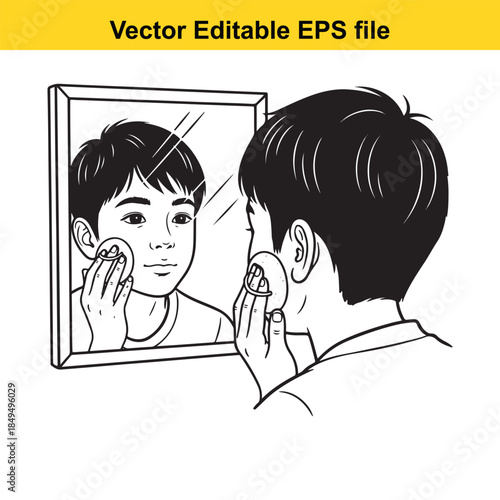  a man looking at his reflection in a mirror while wiping his face with a cotton pad vector illustration