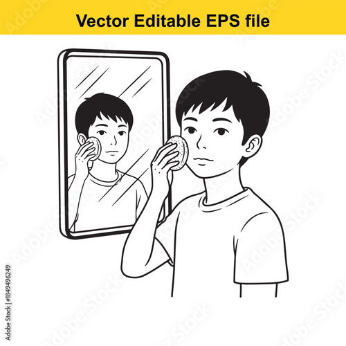  a young boy looking at his reflection in a mirror while adjusting his ear with a concerned expression on his face in a vector illustration