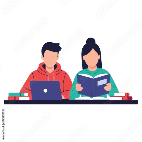 Two students studying with laptop book.