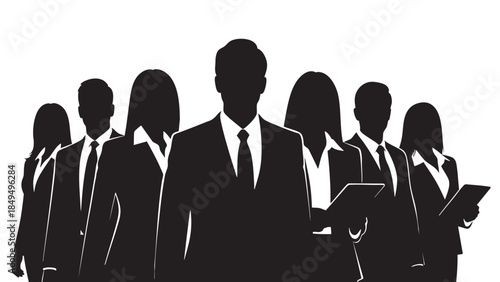 Professional business team group leader silhouettes standing confidently together representing corporate success and collaborative work environment