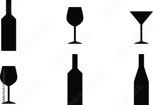 Alcohol drink icon set illustration, wine bottles and cocktail glasses silhouettes, bar beverage symbols, minimalist black pictogram collection