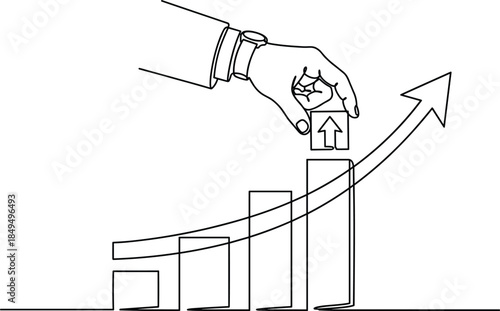 Business growth concept illustration, hand placing upward arrow block, financial success strategy, progress chart symbol, investment development line art