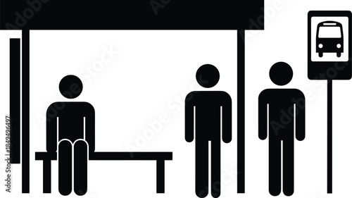 Bus stop icon illustration, people waiting for public transport, urban commute concept, passenger shelter symbol, minimalist black pictogram
