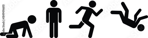 Human movement icon set illustration, crawling standing running falling poses, action sequence concept, minimalist black pictogram symbols