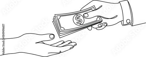 Money payment handover line illustration, cash transaction concept, financial exchange symbol, business finance outline vector design
