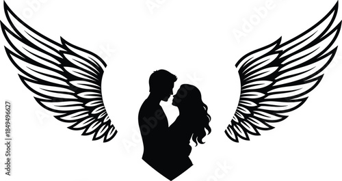Romantic couple angel wings silhouette illustration, love protection concept, embracing man and woman symbol, minimalist black vector design