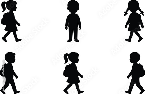 School children silhouette icon set illustration, boys and girls walking with backpacks, education concept, minimalist black pictogram symbols