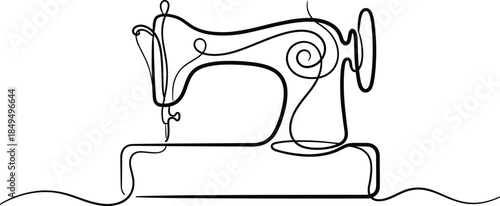 Sewing machine line art illustration, tailoring and fashion craft concept, handmade textile equipment, minimalist continuous line drawing style